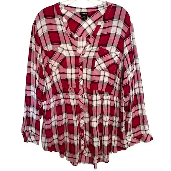 Torrid Emma Tunic Womens 3X Red Pink Plaid Babydoll Challis Button-Front Top - Picture 2 of 10
